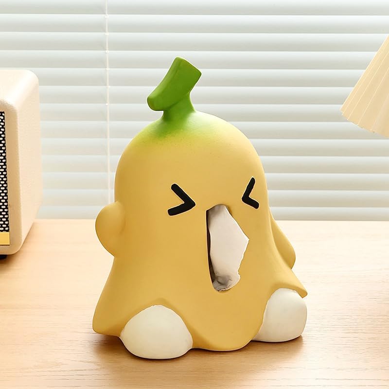 Ceramic Tissue Box Holder, Yellow Banana Character Design, 6.8 x 5.6 x 8.8 Inches, Decorative Dispenser for Living Room and Office