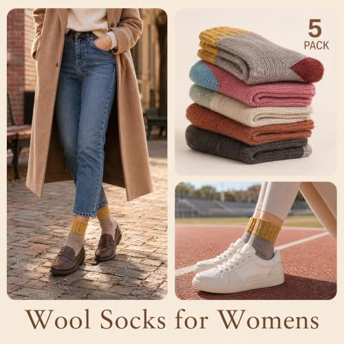 Image of Winter Women Socks 5 Pairs Vintage Wool Casual Thermal Crew Socks