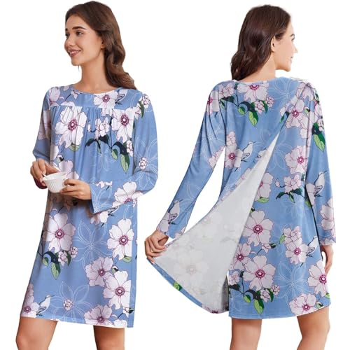 Deyeek Womens Hospital Gowns Open Back Long Sleeve Post Surgery Nightgowns Adaptive Clothing for Elderly Bedridden Women