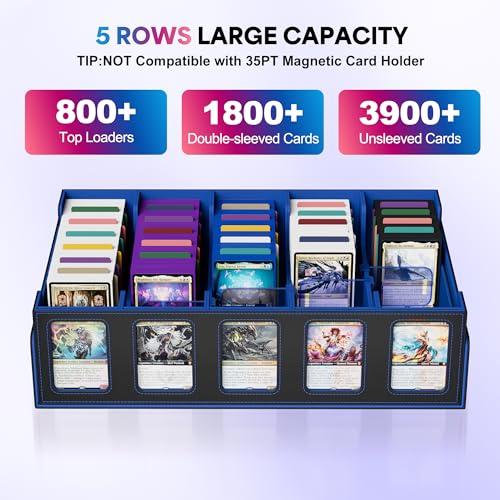 Image of UAONO Trading Card Storage Box with Commander Display;3900+ Card Box for MTG, Removable Cover; 5 Row Case fits MTG TCG Sports Cards 48 Dividers,5 Stoppers,5 Top Loaders,1 Dice Box(Black, Blue)