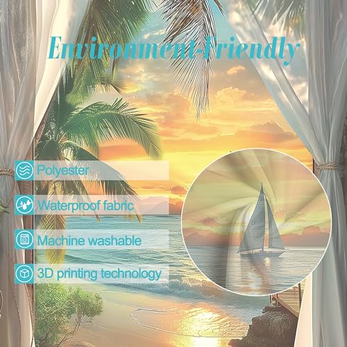 Image of Riyidecor Small Stall Beach Shower Curtain 36Wx72H Inch RV Half Coastal Ocean Sea Hawaiian Sunset Tropical Single Narrow Barn Door Rustic Bathroom Decor Fabric Polyester Waterproof 7 Pack Hooks