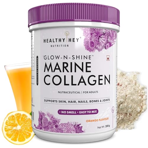 Image of HealthyHey Glow-N-Shine Marine Collagen Peptides |Type 1 Collagen Protein Supplement with Hyaluronic Acid | Amino Acids for Skin, Hair, Nails | Paleo Friendly, Non-GMO (Orange Flavour, 200g)