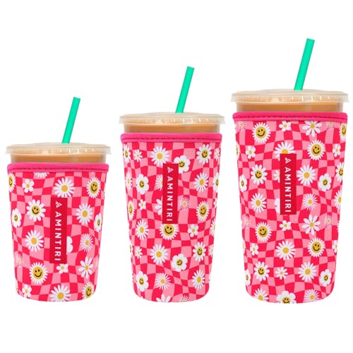 Image of 3 Pack Reusable Neoprene Sleeve for Iced & Hot Drinks, Compatible with Starbucks & Dunkin' Coffee Cup - Daisy & Pink Checkerboard