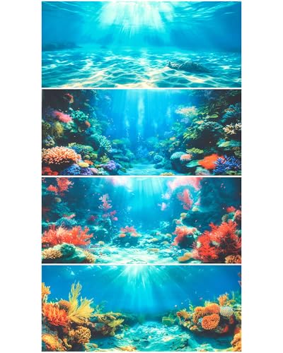 Image of Mindsoft 4 Pack Aquarium Background Polyester 48 x 24 Inch Cloth Fish Tank Background Undersea Corals Sunshines Rock Aquatic Plants Wallpaper with Double-Sided Tape
