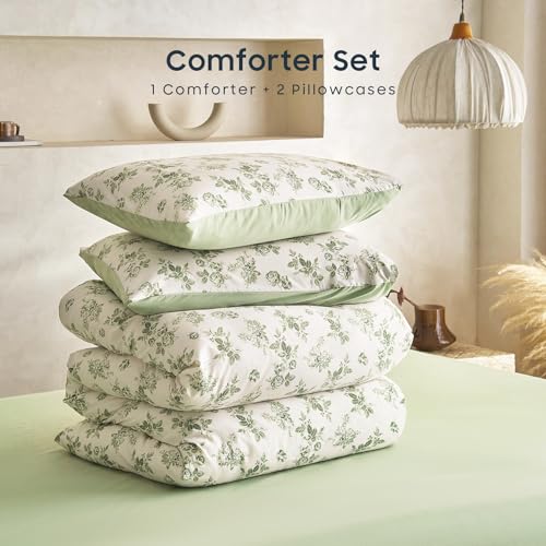 Image of Wake In Cloud - Queen Size Comforter Set, 3-Piece, Floral Shabby Chic Coquette Cottagecore Cute Flower White Sage Green, Soft Lightweight Bedding for Women Girls