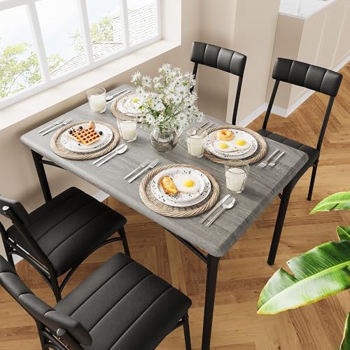Image of Garvee Farmhouse Dining Table Set for 4, Small Kitchen Table with 4 Upholstered Chairs, 5-Piece Dining Set for Apartment, Dining Room, Small Space, Gray