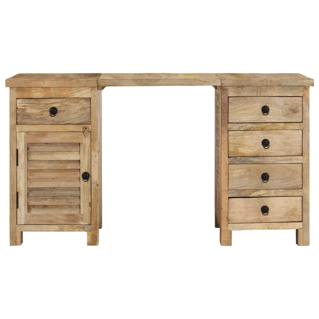 Schreibtisch Massivholz Mango Retro Bürotisch 140x50 cm | Flexibler Bürotisch mit 5 Schubladen und Schrank für Arbeitszimmer. Abnehmbare Platte bildet 2 Beistellschränke.