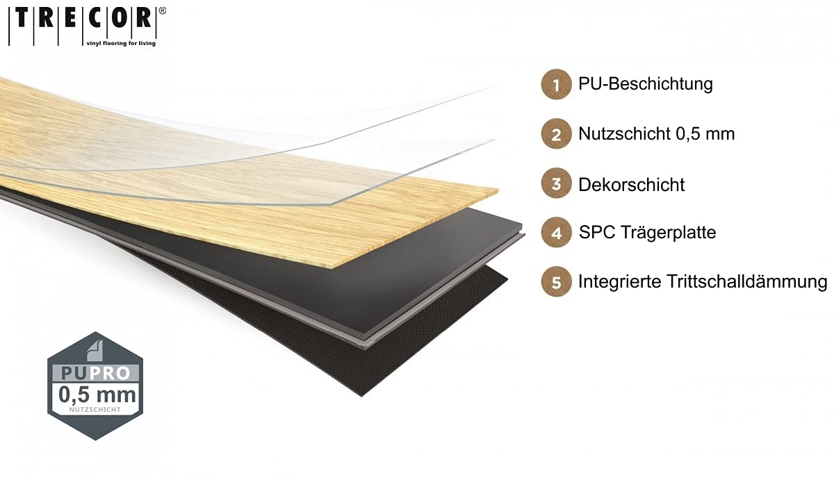 TRECOR Suelo de diseño RIGID de vinilo de 6,5 mm de grosor con capa útil de 0,5 mm, incluye sonido de pisada, resistente al agua, 1 m² (suelo de vinilo | 1 m², roble premium plateado)