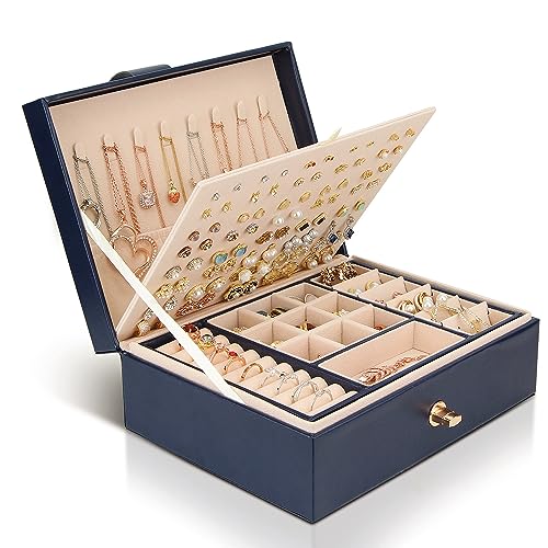 Chelory Schmuckkästchen für Damen und Mädchen, 3-lagig, groß, Schmuck-Aufbewahrungsbox für Ringe, Ohrringe, Halsketten, Armbänder, Kunstleder, Schmuck-Geschenkbox (blau)