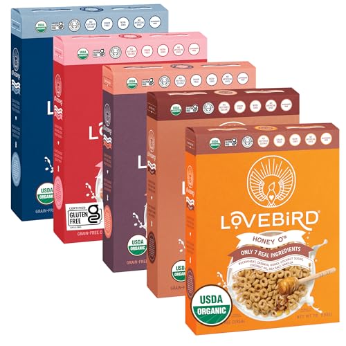 Lovebird Organic Cereal That Actually Tastes Good - 100% Real Food & Healthy Gluten Free Cereal, No Refined Sugar, Paleo, Keto Friendly Healthy Snacks for Kids, Adults - (5 Full Size Pack)