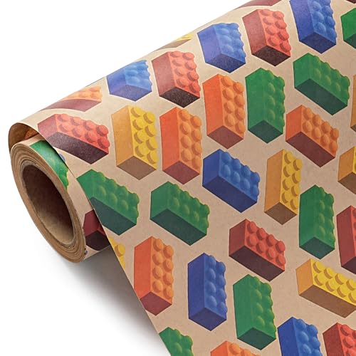 WRAPAHOLIC Kraft Building Blocks Wrapping Paper Roll - Mini Roll - 17 Inch x 16.5 Feet - Colorful Building Bricks Wrapping Paper Perfect for Boys Girls Kids Birthday Baby Shower Toy Lovers