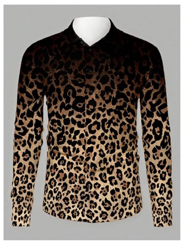 Men's Leopard Print Shirts Cheetah Long Sleeve Button Down Vintage Tee Shirt4