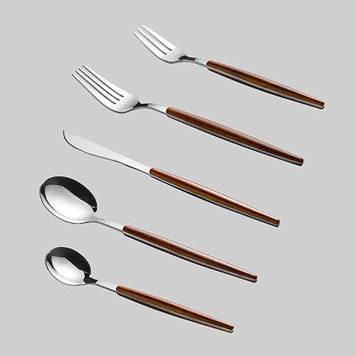 Juego de cubiertos de 90 piezas con mango de madera sintética, juego de cubiertos de acero inoxidable, juego de cubiertos para 18 tenedores,