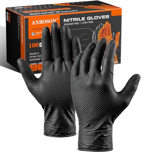 ANBOSON 10 Mil Heavy Duty Mechanic Nitrile Gloves Large Black 100 Count