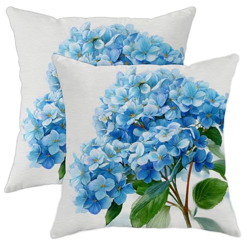 Spring Pillow Covers Set of 2, Blue Hydrangea Flower Plant