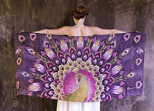 Designer Silf & Cashmere Scarf With Wide Spread Bird Feather Wings (Purple Peacock) #TOP1