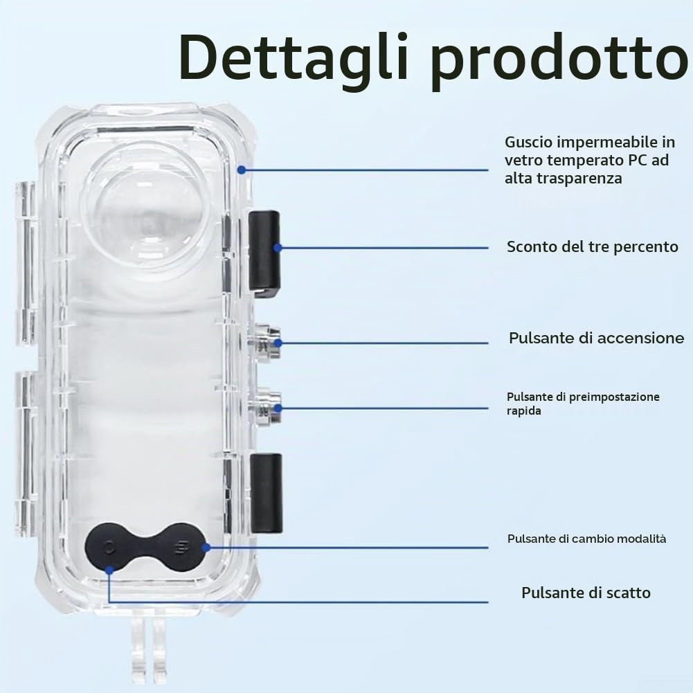 Custodia subacquea da 60 m per Insta360 per X5, custodia impermeabile in vetro temperato con adattatore da 1/4", custodia protettiva compatta per sott'acqua