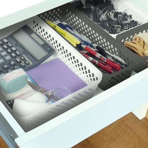 Image of Glad Plastic Storage Basket Set - Multipurpose Drawer Trays, Kitchen Pantry Containers, and Bathroom Bins - 6 Pack Medium Organizers, Grey
