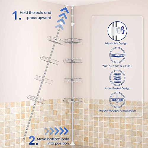 Seirione Rustproof Shower Corner Caddy Organizer For Bathroom, Freestanding Tension Pole With 4 Baskets, For Bathtub Shampoo Storage, 56 To 114 Inch Height #TOP6