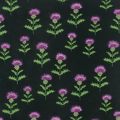 Nutex Fabric - Beautiful Purple Thistle Flowers on Black Background - Patchwork Quilting Dressmaking Craft Fabric Cover