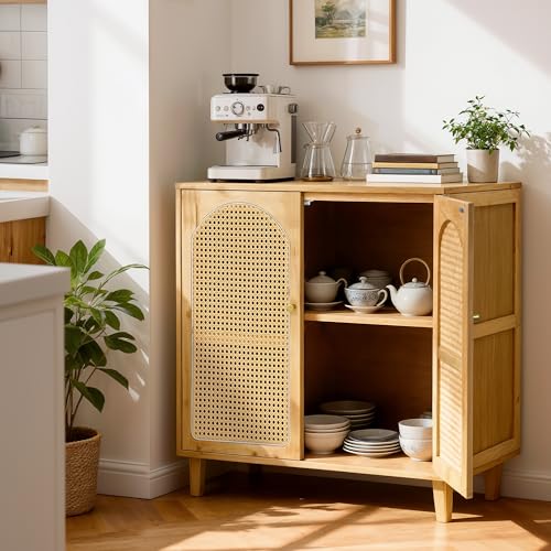 unho Aparador de Bambú de Cocina con Puertas - Mueble de Almacenamiento Moderno con Estantería Ajustable para Cocina, Comedor o Salón, 75x39x82cm - Natural