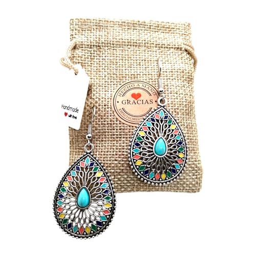 WORLD GOBLINS Pendientes Bohemios Hippie Llamativos, Boho Vintage. Pendiente Largo para Mujer Ideal para Regalar. Mandala Ethno 2024. Elegantes y Ligeros. Regalo Original (Gota Turquesa)