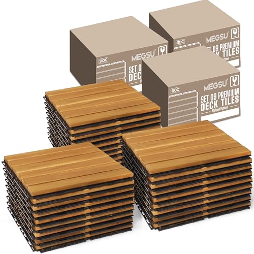 Megsu 9 PCS Deck Tiles, Acacia Wood Interlocking Floor Tiles for Pathway, Balcony, Garden 12x12 Wood Flooring for All Weather Use, Waterproof, Easy Setup - Natural (Golden, 27 Pcs - 27 Square Ft)