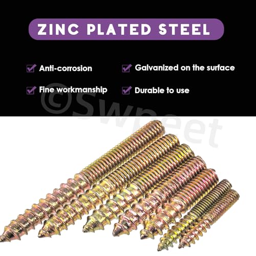 Image of Swpeet 120Pcs 7 Sizes Color Zinc Hanger Bolts Assortment Kit, Double Headed Bolts, Self-Tapping Screw Hanger Bolts, Dowel Screw Bolts Threaded Rods Bolt Furniture Screws for Wood Furniture Joint