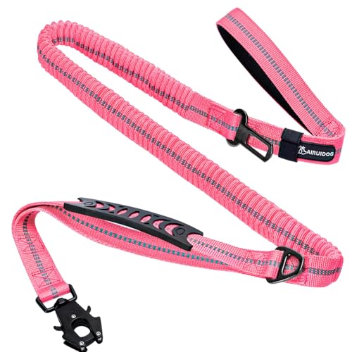 AIRUIDOG Heavy Duty Tactical Dog Leash, 4-6FT Shock Absorbing Bungee Lead with 2 Padded Handles, Metal Carabiner & Seatbelt Clip, Reflective No-Pull Leash for Medium/Large Dogs (Pink)