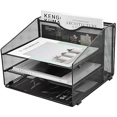 EASEPRES Mesh File Organizer Desktop, File Folder Holder Desk Organizer with 3 Paper Letter Tray and 1 Vertical Upright Compartment, Black Cover