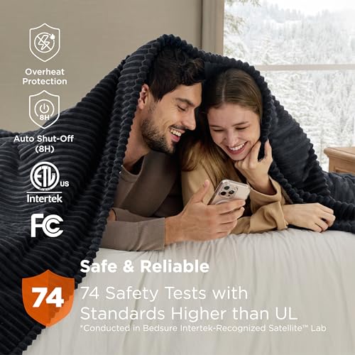 Image of Bedsure GentleSoft Electric Blanket Queen Size - Soft Ribbed Flannel Heated Blanket with Dual Control, Heating with 10 Heat Settings & 10 Time Settings, 8 hrs Timer Auto Shut Off (84x90 inches, Black)