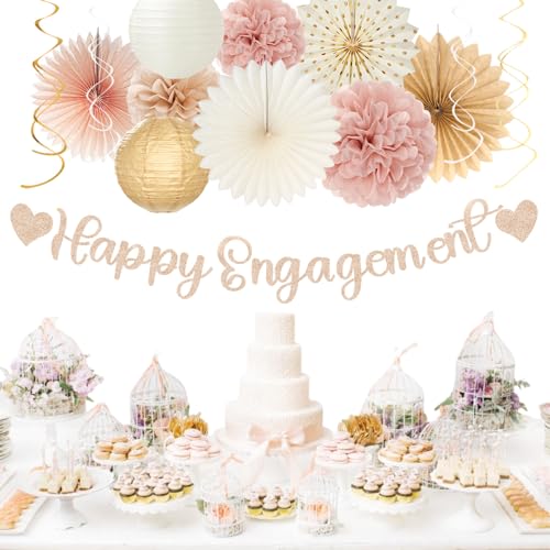 Image of Champagne-Gold Fall Boho Happy-Engagement Party-Decorations - 21pcs Women She Said Yes Proposal Banner Streamers, Beige One Sweet Peach Paper Lanterns,Flower Tissue Pom Poms Fan Favors Decor Huglony