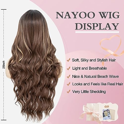 Nayoo Brown Wavy Wig For Women - 26'' Long Brown Highlight Blonde Wig With Lace, Natural Looking Middle Part Synthetic Wig, Easy To Put Brown Curly Wig For Daily Halloween Wig(Brown Highlight) #TOP1