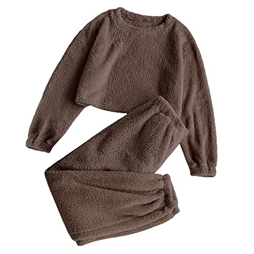 ZAFUL Women's Fuzzy Lounge Casual Pajamas Sets Long Sleeve Fleece Pullover and Pants Set 2 Piece Fluffy Loungewear Sleepwear