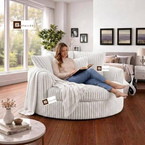 Image of SOFALIZE - Modern Barrel Accent with Pillows Round Sofa Combines Contemporary Design Oversize Arm Chair Cozy Club Chair for Bedroom, Living Room, Lounge, Hotel & Office, Hallways (White)