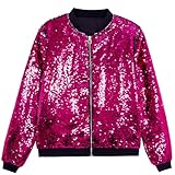A ARFAR Flip Sequin Jackets Women Sparkly Bomber Varsity Zip Up Glitter Coat Party Outwear Birthday Ladies Cloth Halloween Christmas Hot Pink S
