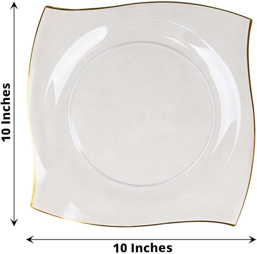 Miniatura 3 de Efavormart - Paquete de 10 platos llanos cuadrados de plástico duro con borde ondulado transparente y dorado de 10 pulgadas, platos desechables para