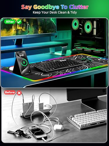 Image of Mouse Pad with Foldable Phone Holder & Wireless Charger, XXL RGB Gaming Mousepad 31.5 inchx15.8 inch Large Desk Mat for Keyboard, 11 Colors 5 Modes
