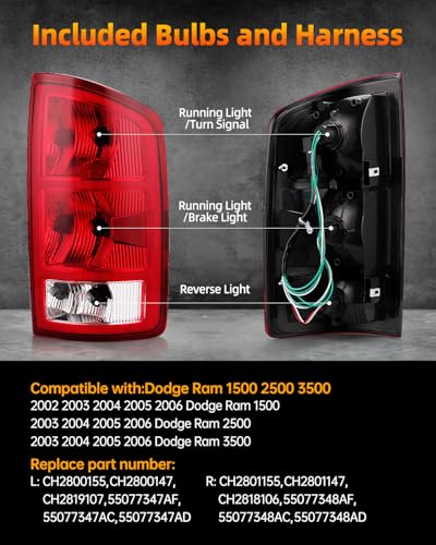 Image of OKLPF Rear Brake Tail Light Assembly Compatible With 2002-2006 Dodge Ram 1500 /2003-2006 Dodge Ram 2500 3500 Pickup # CH2800147 CH280114,Included Bulbs and Harness,Driver and Passenger Side