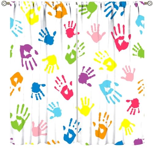 Kids Boys Girls Curtains,Color Handprints Print Pattern Window Treatments for Nursery Baby Bedroom Playroom Living Room Children's Day Window Drapes 2 Panels Sets Total Size 42