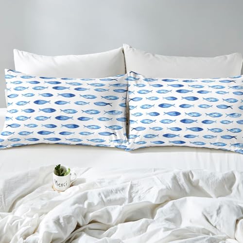Image of jejeloiu Fish Bed Sheets Set Queen Size Summer Ocean Bed Set for Kids Boys Girls Abstract Stripe Deep Pocket Fitted Sheet Sea Animal Breathable Soft Lightweight Microfiber