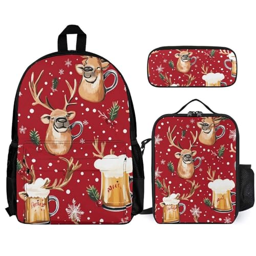 Beer Mugs Reindes Red Christmas Backpack 3 Set with Lunch Bag Insulated Shoulder Meal Tote Bags Pencil Case Box Casual Daypack