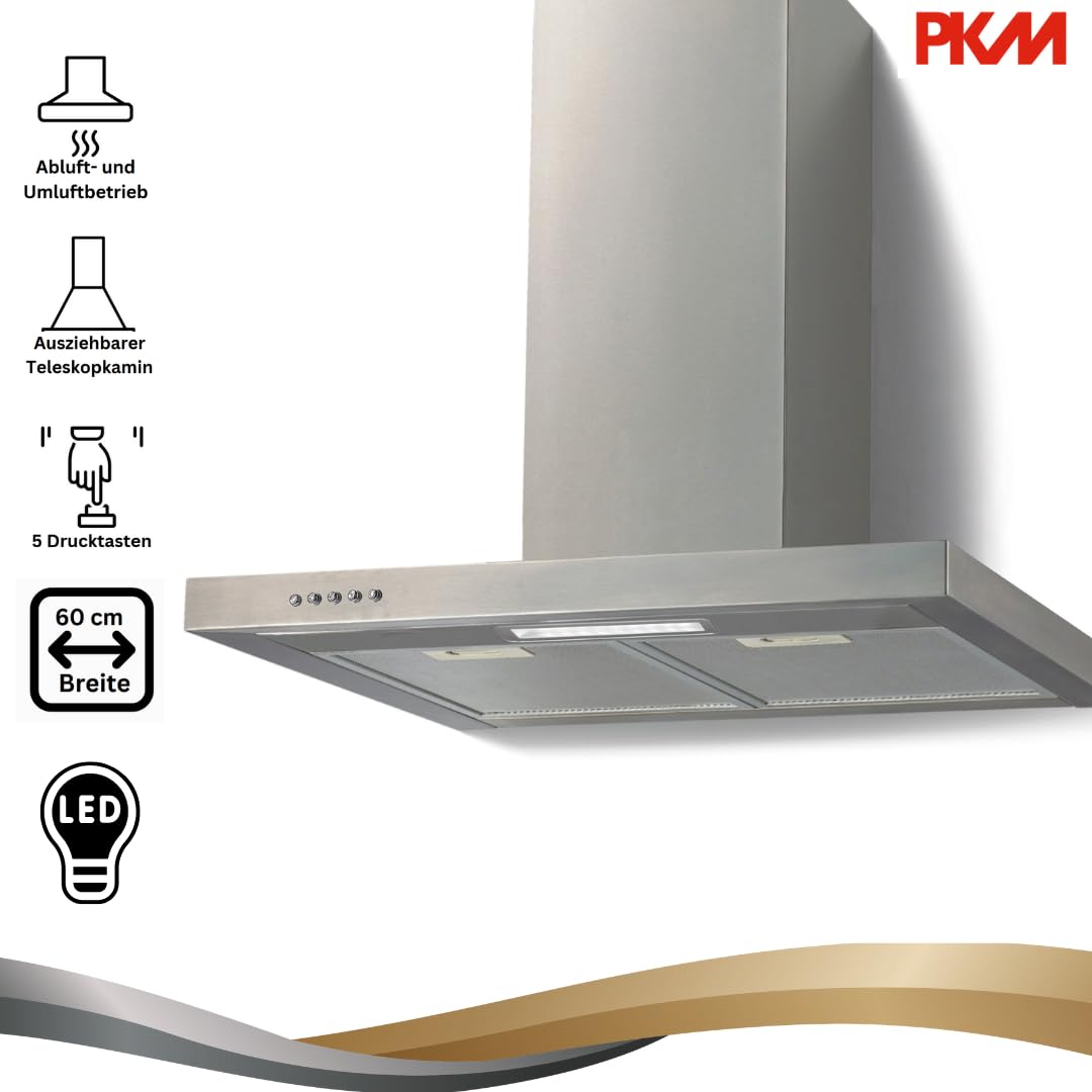PKM 6004 W, cappa aspirante da parete, alloggiamento in acciaio inox, 60 cm, aria di scarico, 3 livelli di potenza, 69 dB, flusso d'aria 365 m³/h, illuminazione a LED
