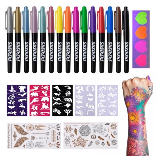 Tattoo Farbe Hautfreundlich Tattoo Stifte Kinder 15 Farben+50 Farbschablonen+43 Tattoos Aufkleber Glitzer & Matt & UV Glow Kinderschminke Set Halloween Tattoo Stift Kit