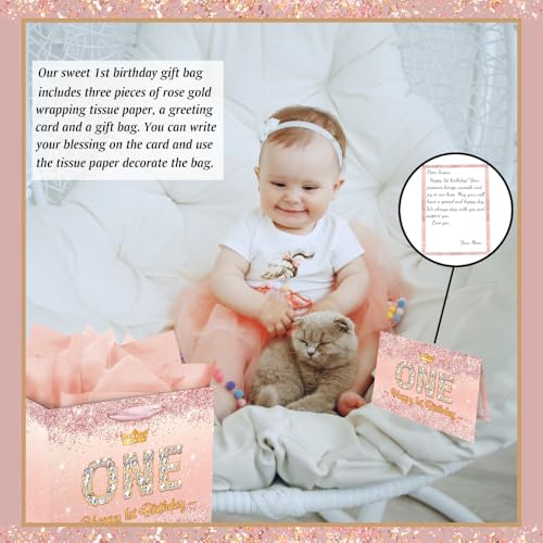 Rose Gold Happy 1st Birthday Gift Bag for One Year Old Girls, One Year Old Girl First Birthday Gift Bag Card Decorations for Daughter, Granddaughter - Image 4