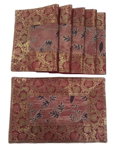 Image of Brocade Silk Placemats for Dinning Table 12 x 18 Inches Hand Embroidered, Set of 6 Decorative Placemats for Home (Maroon)