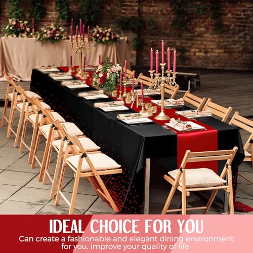 Image of Breling 16 Pack Black and Red Disposable Plastic Tablecloths and Satin Table Runner Set, 54 x 108 Inch Tablecloth, 12 x 108 Inch Table Runners for Wedding Graduation Birthday Baby Shower