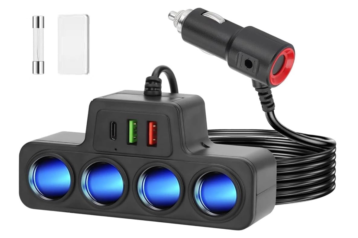 7-en-1 Multi Prise Chargeur Allume Cigare Adaptateur, 120W 12V/24V 4 Prise Chargeur Allume-Cigare avec 3 Ports(QC 3.0+USB 3.1+PD 3.1) Charge Rapide pour iPhone/Dash Cam/GPS/Tablette