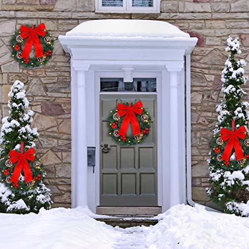 4 Pieces Lighted Christmas Wreaths,13 Inch Pre Lit Small Xmas Wreath With Large Red Bow, Pine Needle Wreath With Led Lights Battery Operated Xmas Ornaments For Front Door Wall Christmas Party Decor #TOP4