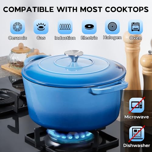 Onader Enameled Cast Iron Dutch Oven Pot with Lid, 7 Quart Round Dutch Oven for Bread Baking, Heavy Duty Large Cast Iron Pot - Blue